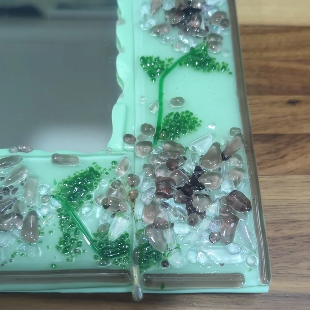 Artist made 8x10 fused glass mirror with hanger flowers green